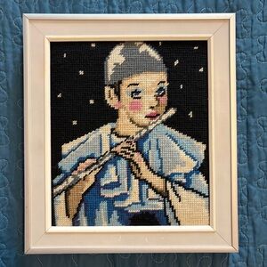 Vintage Framed Blue Flute Player Clown Needlepoint Wall Art